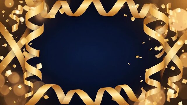 Golden ribbons and falling confetti animate around a dark central space, creating a festive celebration frame for announcement, party, and greeting content.