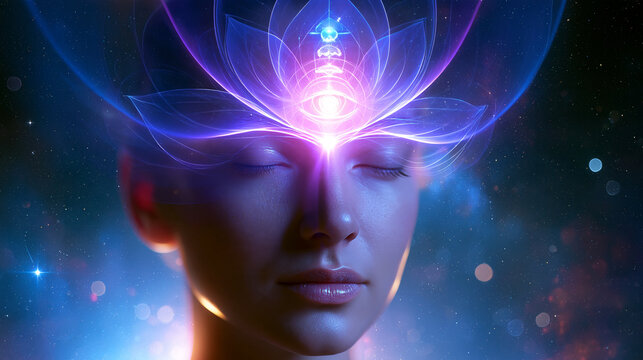 Serene spiritual face with a glowing lotus and third eye chakra representing enlightenment and cosmic consciousness against a beautiful galaxy background, spiritual art, with copy