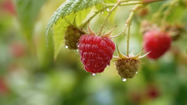 Fresh red raspberries hanging on a bush with morning dew drops in a sunny garden.