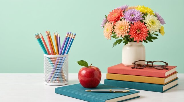 Colorful study supplies with books and flowers on desk