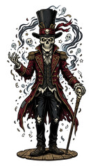 Obraz premium Skeleton Ringmaster Stands with Cane Surrounded by Spirits and Confetti