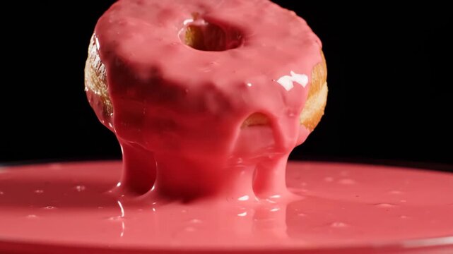 Dipping donut in pink strawberry glaze studio macro