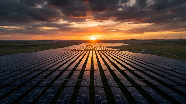 Large scale solar farm field with rows of photovoltaic panels at sunset, capturing renewable energy from the golden sun under a dramatic cloudy sky for sustainable future power generation.