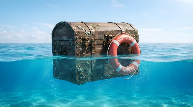 Antique wooden treasure chest floating in the calm blue ocean with a lifebuoy ring, split underwater view of a mysterious chest secured with a life preserver representing financial safety concept.