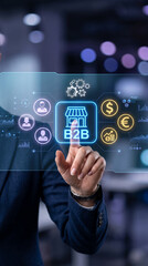 Obraz premium Digital interface showing B2B connection, finance, and people icons, symbolizing business growth and partnership.