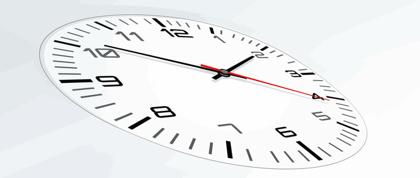 Minimalist wall clock face with tilted perspective on white background, time management concept
