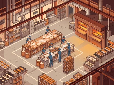 Workers baking bread in industrial bakery production line
