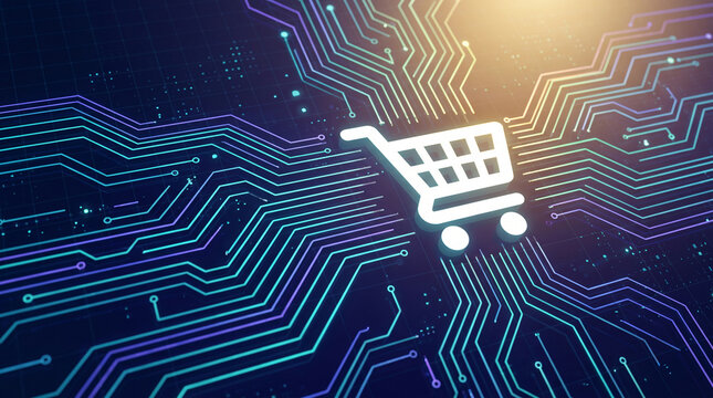White shopping cart icon on a dark blue circuit board with glowing purple and teal lines, symbolizing digital commerce and technology.