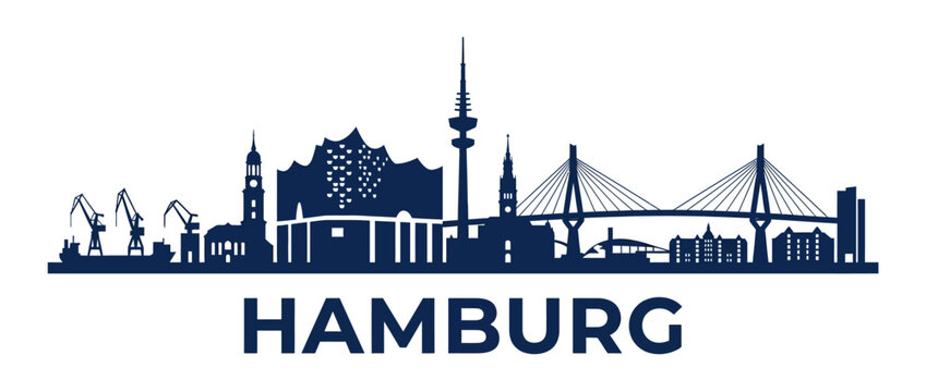 Hamburg city skyline silhouette with iconic landmarks on white background, vector travel illustration