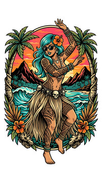 Tattooed Hula Dancer at Sunset on Tropical Beach Paradise