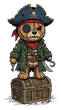 Teddy Bear Pirate Standing Treasure Chest Holding Key Sword