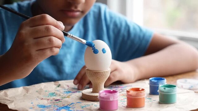 Boy paints blue details on a white egg displayed on a wooden stand, showing a creative craft process with brushes and colorful paint supplies
