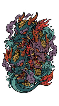 Three Fierce Dragons Emerging from Waves Mystical Fantasy Art