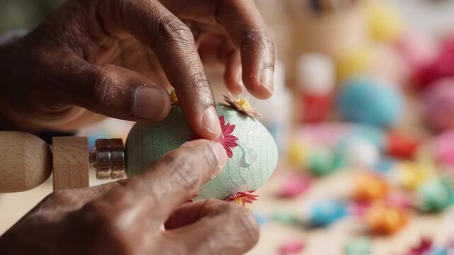 Artisan decorates a green egg ornament with handmade flowers, showing the detailed crafting process from floral placement to finished Easter decoration