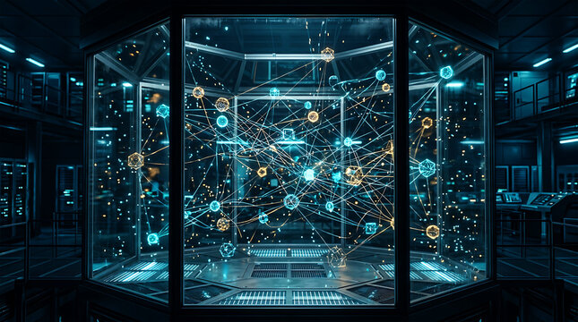 Futuristic server room with glowing blue digital data circuits and advanced high tech computer hardware infrastructure