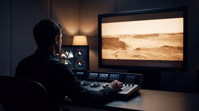 Colorist seen from behind adjusts a color grading control surface in a dim edit bay