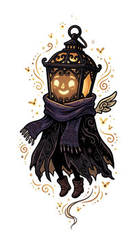 Whimsical Lantern Character with Scarf and Wings Floating