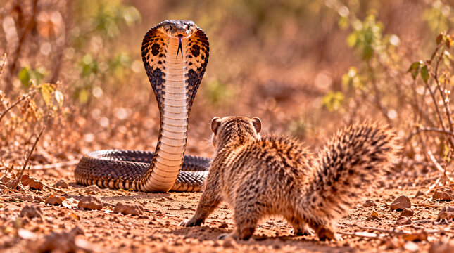 Dramatic wildlife scene of a hooded cobra confronting a mongoose on the dry forest floor. The raised cobra displays its expanded hood while the mongoose cautiously faces the snake, creating an intense