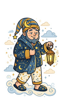 Whimsical Man in Starry Pajamas Walks on Clouds with Lantern