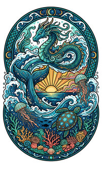 Whimsical Sea Life Dragon Sun Burst Majestic Ocean Symmetry