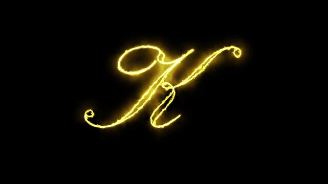 Glowing yellow gold letter K alphabet animation neon typography with alpha channel black background 4K