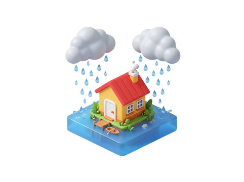 3d isometric house on a small island during rain isolated on transparent background