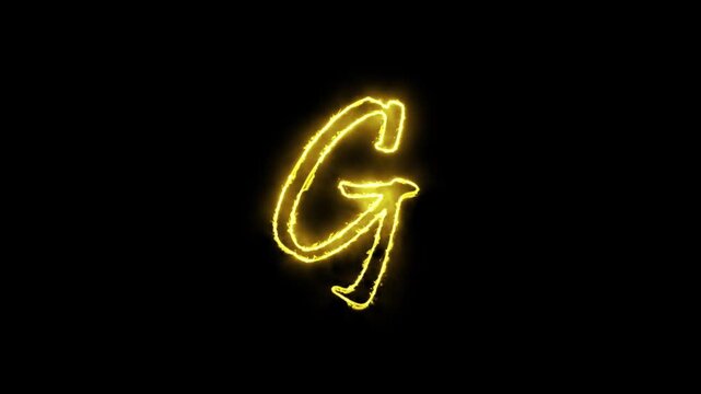 Glowing yellow gold letter G alphabet animation neon typography with alpha channel black background 4K