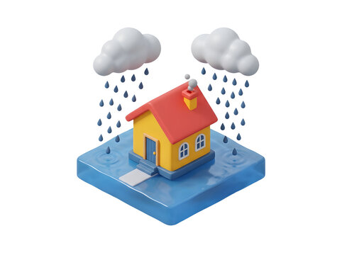 3d isometric house on a small island during rain isolated on transparent background