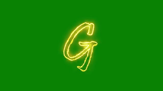 Glowing yellow gold letter G alphabet animation neon typography with chroma key green screen 4K