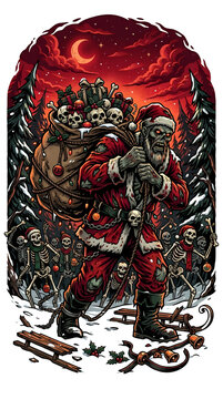 Zombie Santa Hauling Bag of Skulls and Skeletons in Snowy Forest