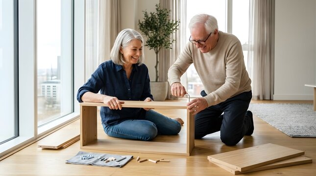Senior couple assembling wooden furniture together on living room floor
