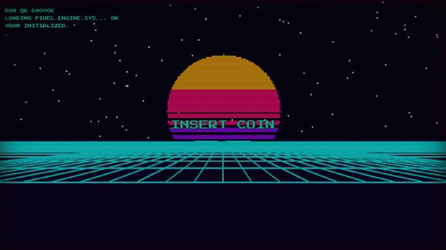 A 4K motion graphics template featuring a low-res 8-bit synthwave landscape with heavy CRT scanlines, intensive glitch bugs, screen tearing, and chromatic aberration. Optimized for timecut rendering.