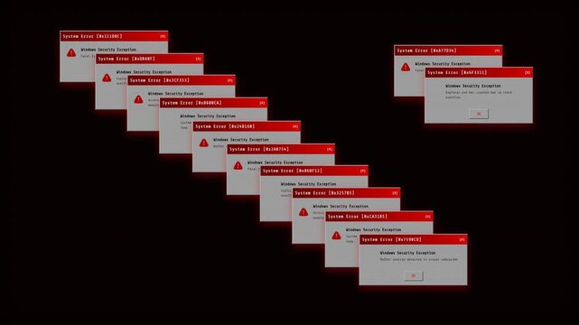 A 4K motion graphics animation featuring a recursive Windows system error bug with CRT scanlines and red glitch effects, optimized for timecut rendering.