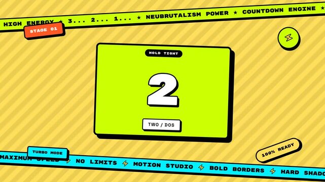 A high-impact 4K Neubrutalist countdown timer featuring vibrant high-contrast palettes, thick black borders, hard offset shadows, springy step pop transitions, marquee banners, and explosive 'GO!' gra