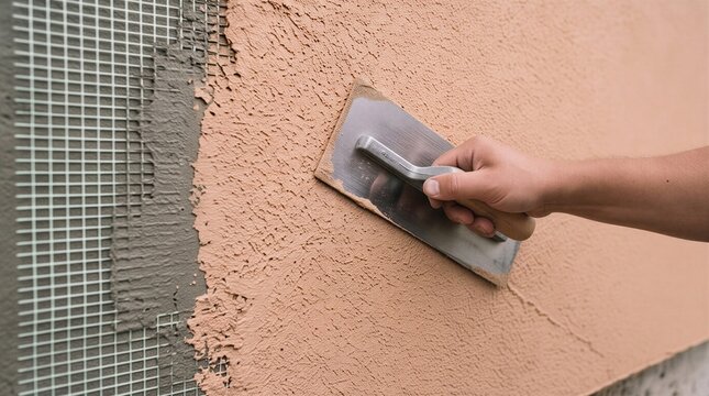 Worker Applying Stucco Plaster Over Reinforcement Mesh on Exterior Wall
