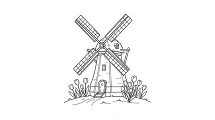 Obraz premium Dutch Windmill With Tulips Illustration