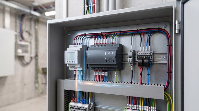 Industrial electrical control panel with organized wiring, smart automation module in metal fuse box, professional power distribution system