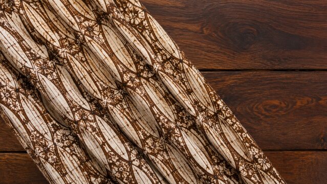 Traditional Indonesian Parang batik fabric pattern close up background, brown and cream textile design with intricate ethnic motifs and wax-resist dyeing details.