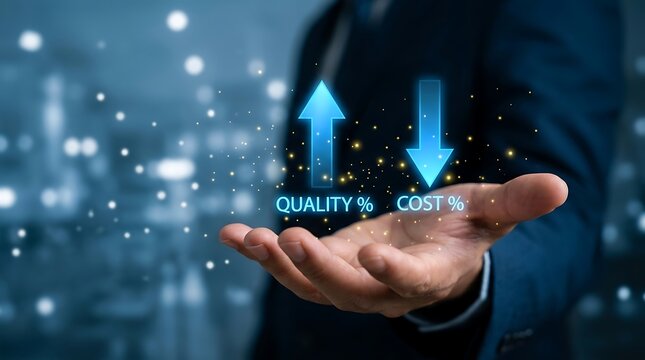 Businessman holding quality and cost percentage graphic