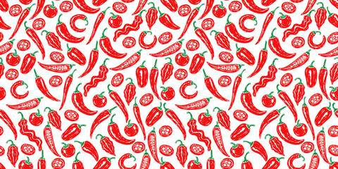 Obraz premium Seamless pattern featuring chili peppers in red and green on a white background. Decorative food illustration suitable for packaging, textiles, wallpaper and culinary designs.