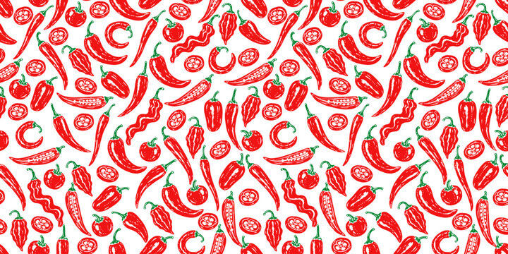 Seamless pattern featuring chili peppers in red and green on a white background. Decorative food illustration suitable for packaging, textiles, wallpaper and culinary designs.