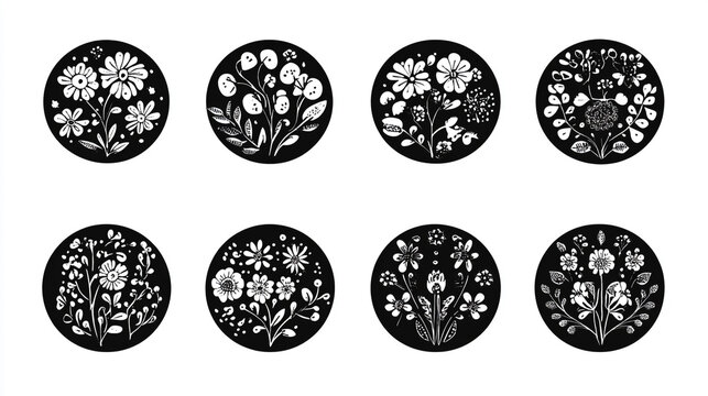 Set of eight round floral design emblems with various black and white flower patterns round mandalas botanical design floral graphics ornamental