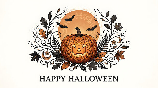 Carved jack-o-lantern pumpkin with intricate patterns surrounded by autumn leaves and magical vines