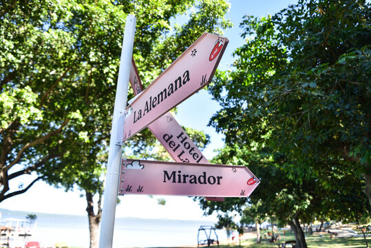 Sign Post by the Waterfront of Lake Ypacarai in San Bernardino, Paraguay