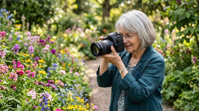 Senior woman taking pictures with professional camera in vibrant spring garden