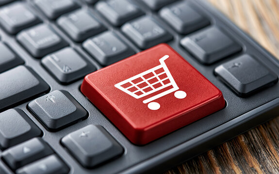 red shopping cart icon on grey computer keyboard