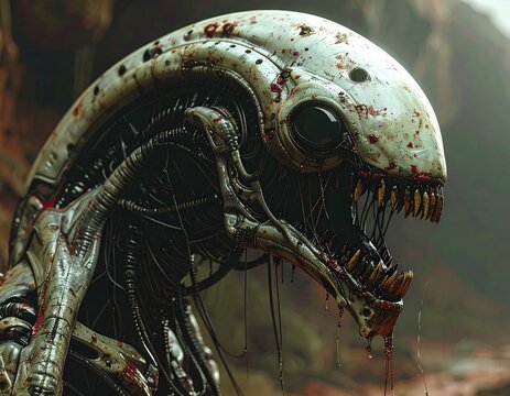Biomechanical alien monster creature with sharp teeth and bloody head