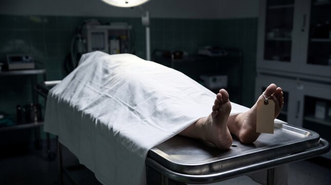 Covered Corpse with Toe Tag on Stainless Steel Table in Dark Morgue Forensic Autopsy Concept