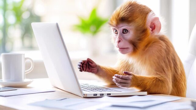 Macaque monkey using laptop at office desk. Intelligent primate typing on keyboard in bright workspace. Static close-up shot.