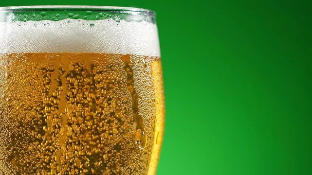 Close-up of a cold beer glass with rising bubbles, foamy head, and condensation droplets changing through a refreshing beverage sequence. Chromakey on a green background